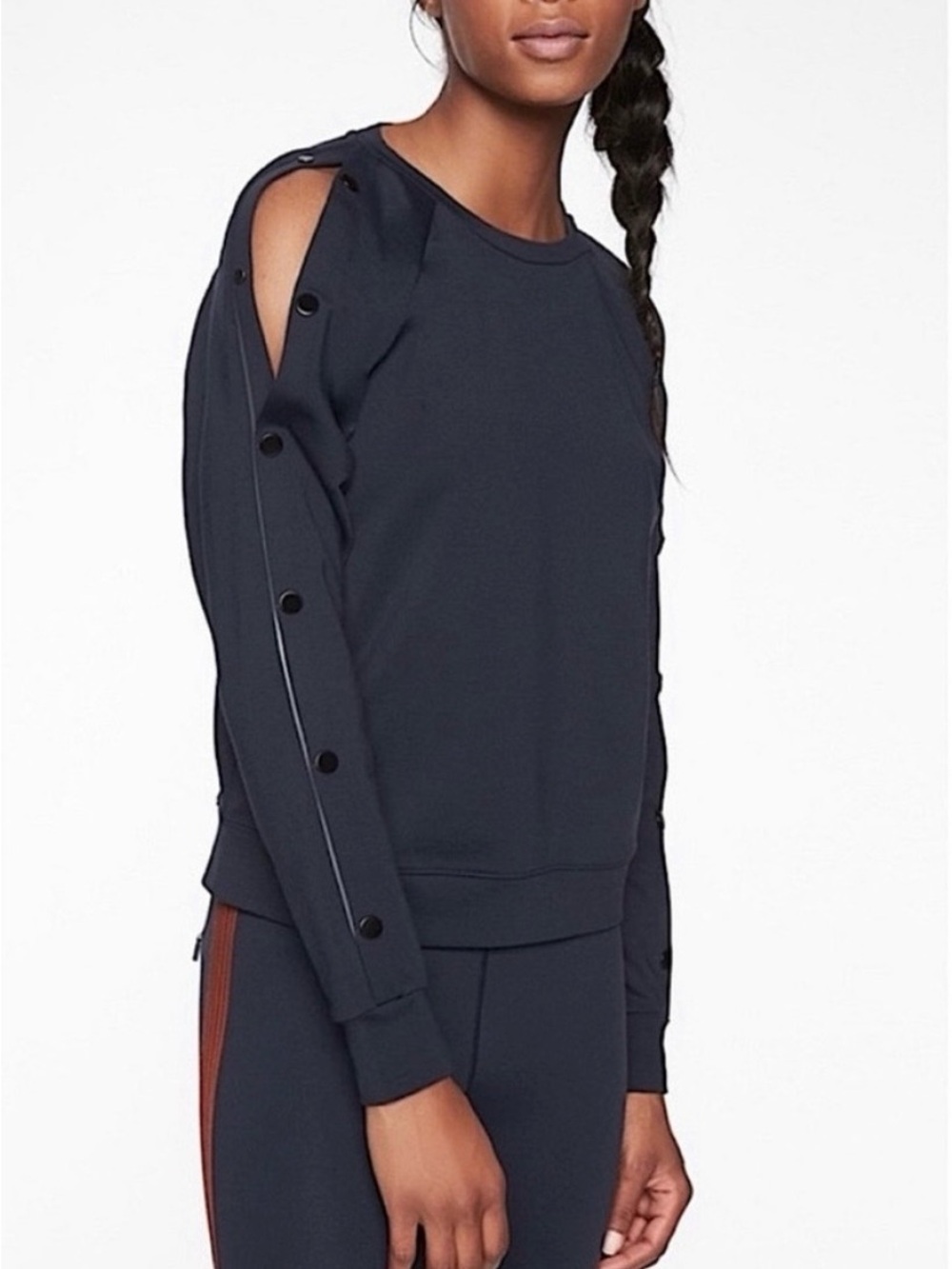 Athleta Navy Cold-Shoulder Sweatshirt with Snap Trim, Sz XS